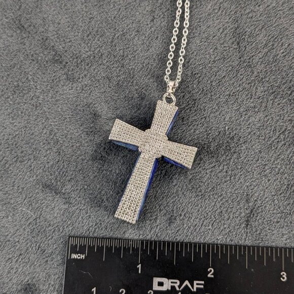 Lapis lazuli blue and silver cross shaped pendant, free chain, unisex women men - Picture 4 of 5